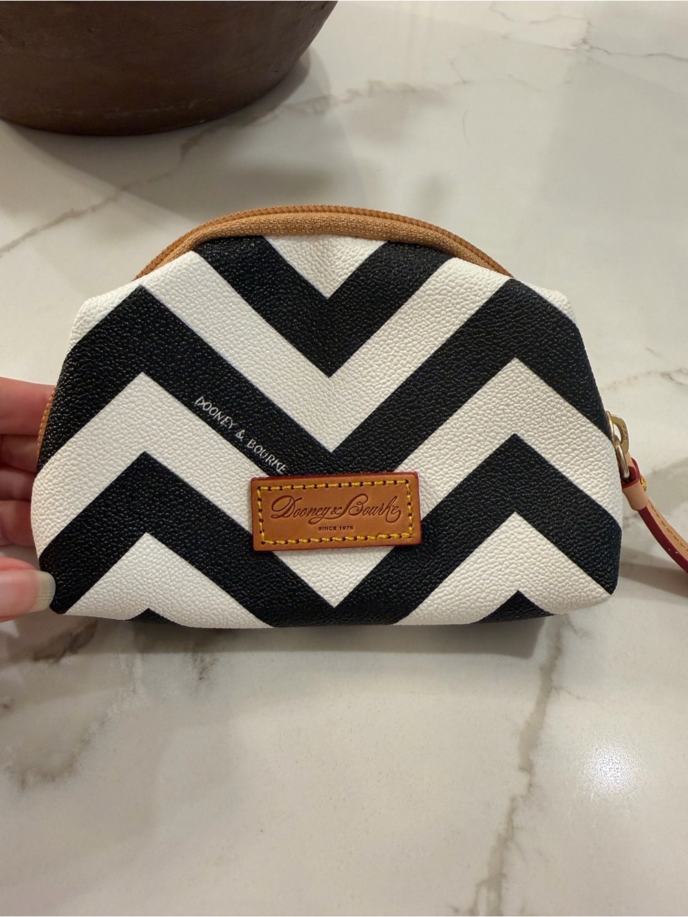 Dooney & Bourke Black and White Chevron Cosmetic Pouch with Tan Trim